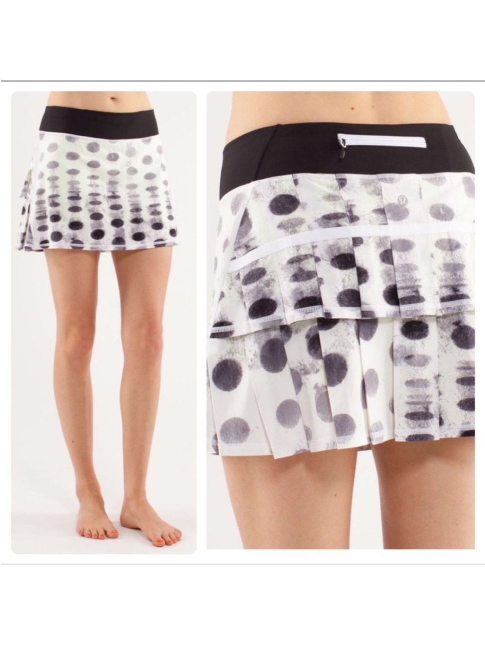 lululemon athletica White and Black Polka Dot Pleated Mini pace setter Skirt 6